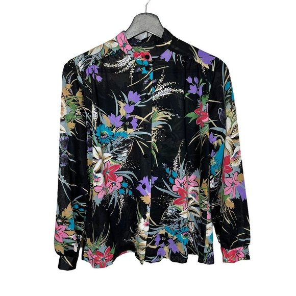 Vintage 60s Black Floral Long Sleeve Button Up Large - Picture 1 of 6